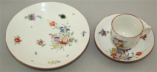 A Champions Bristol porcelain coffee cup and saucer and a similar saucer dish, c.1775, 18.5cm.